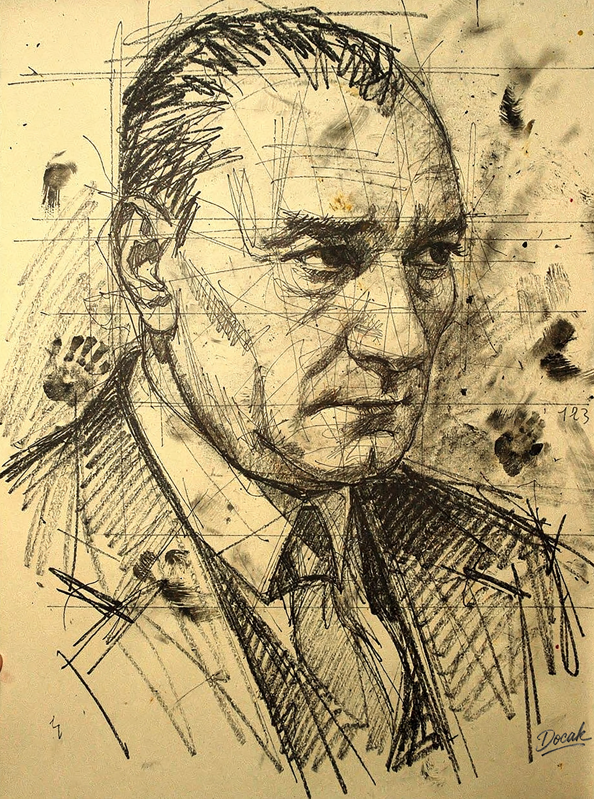 Karakalem çizim tekniğiyle yapılmış, geometrik çizgilerle belirlenmiş erkek portresi. Yüz hatları sert, ifadesi ciddi.
